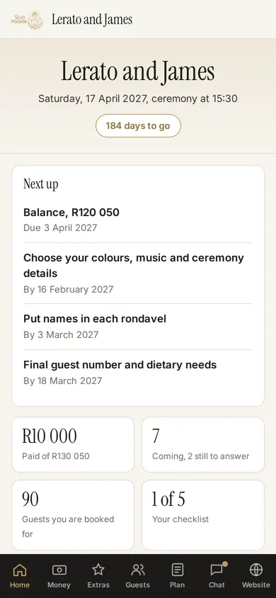 The home screen of a wedding page: countdown, what is due next, payments and RSVPs