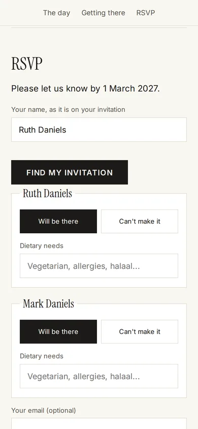 A wedding website on a phone with the RSVP form open